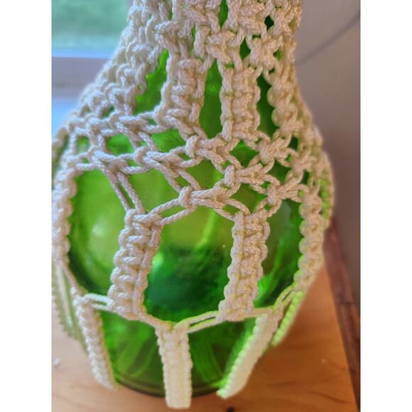 Vtg Retro Boho Macrame Green Wine Bottle French Country Farmhouse Decor - Picture 5 of 9